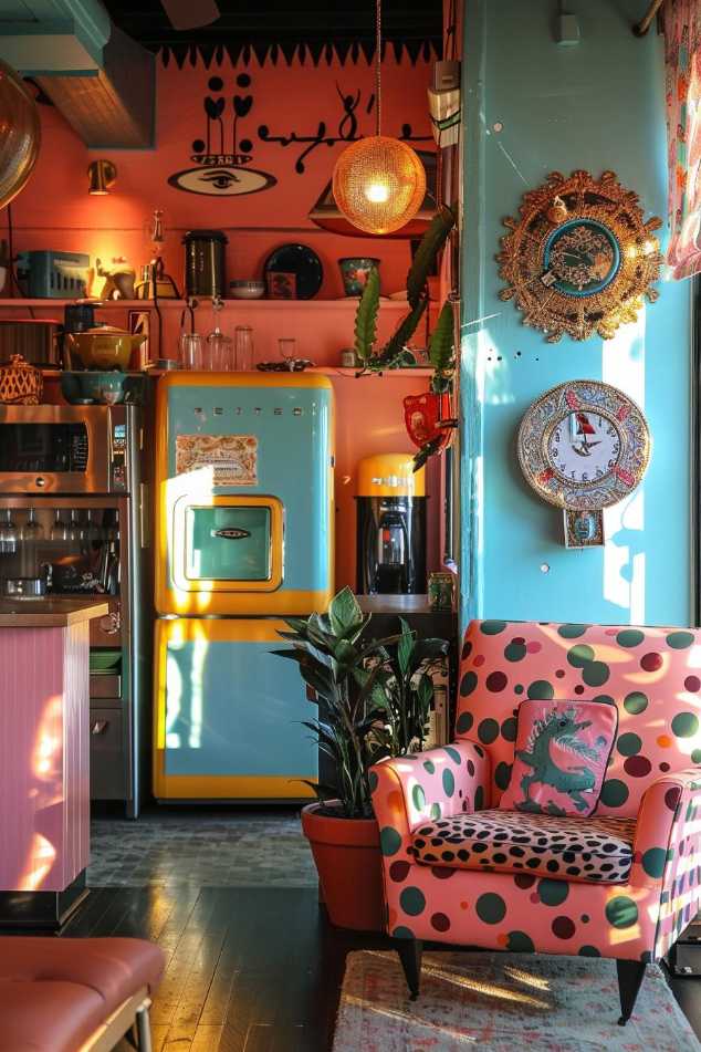 A colorful kitchen with retro devices. The scene comprises a blue and yellow refrigerator, pink cupboards and a pink chair with black dabs. There are also different decorations and plants.