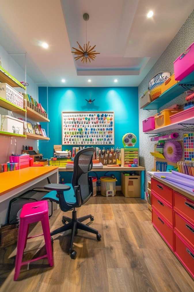 Light -colored handicraft room with organized stocks, including markings, papers and storage tanks. Includes a desk, chair and chair under a modern ceiling light. Walls are turquoise and white.