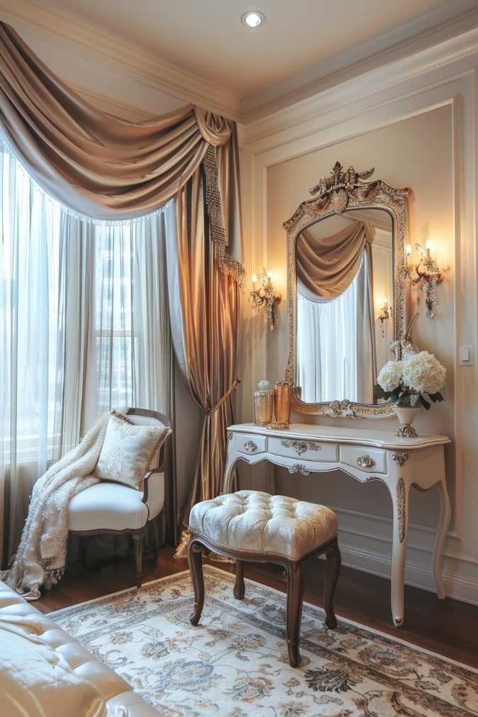 Elegant bedroom with a vintage wash table, a decorated mirror, padded stool, a padded chair and luxurious curtains. The room has a plush carpet and a soft, surrounding lighting.