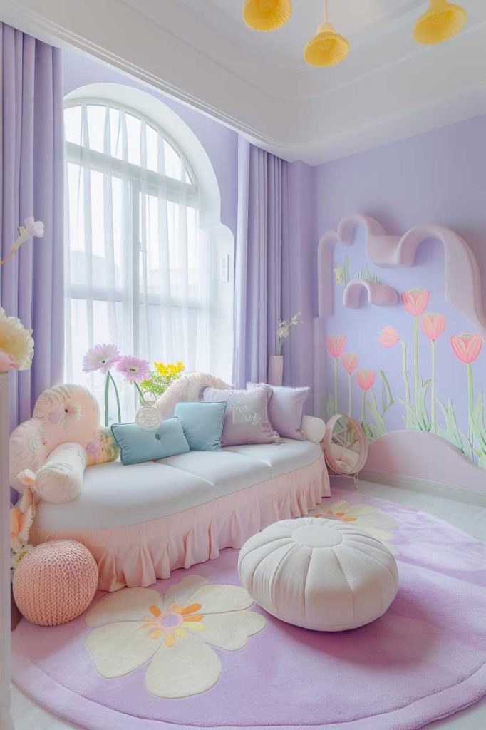 A child's bedroom with a pastel color scheme with a white day bed with pillows, a round Ottoman, a pink and purple flower carpet and wall art of tulips.