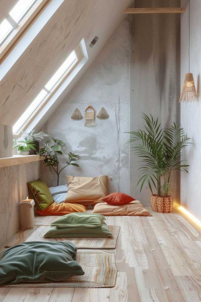 A cozy attic room with skylights, pillows and plants. The room has wooden floors, soft lighting and wall decorations, creating a calm atmosphere for relaxation.