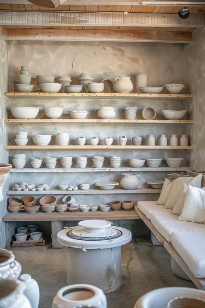 A pottery studio with shelves with different white ceramic pots, shells and vases. A ceramic wheel is in the middle with a padded bench on the right.