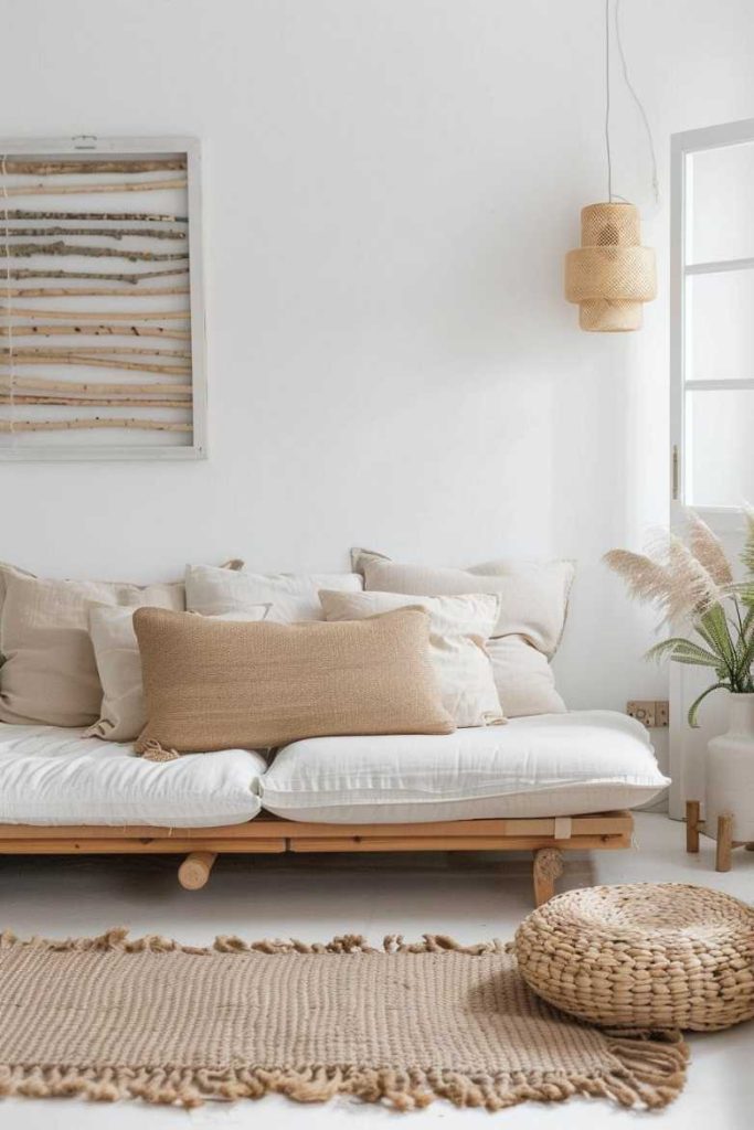 A minimalist living room with a wooden sofa with white and beige pillows, a jute carpet, a woven Pouf, a roller wall, a basket lamp and a dried pampas grass in a vase.