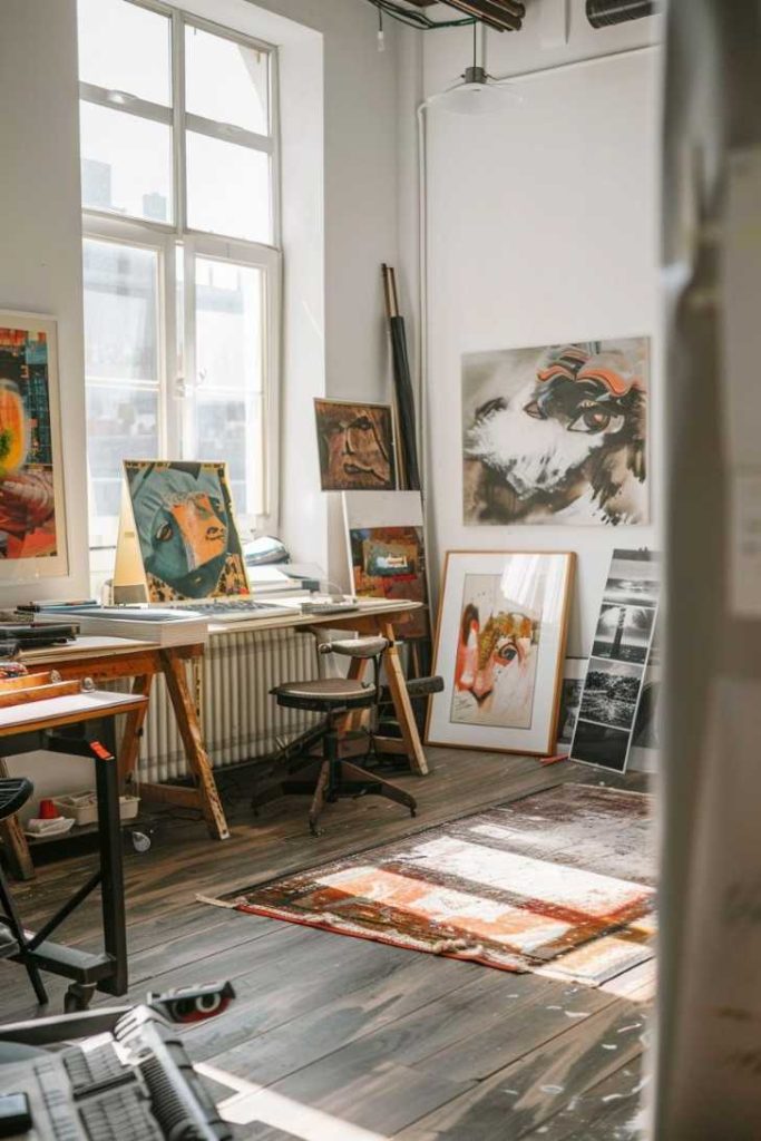 The studio of an artist with various paintings, framed works of art and canvases supported the walls and on the season. Sun light flows through large windows, illuminated the wooden floor.