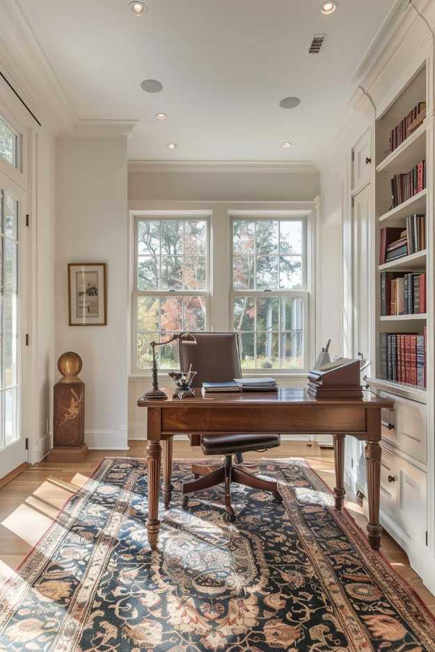 A home office with a wooden desk and a leather chair. In large windows, the natural light can fill the room, the white bookshelf, a framed picture and a decorated carpet on the floor.