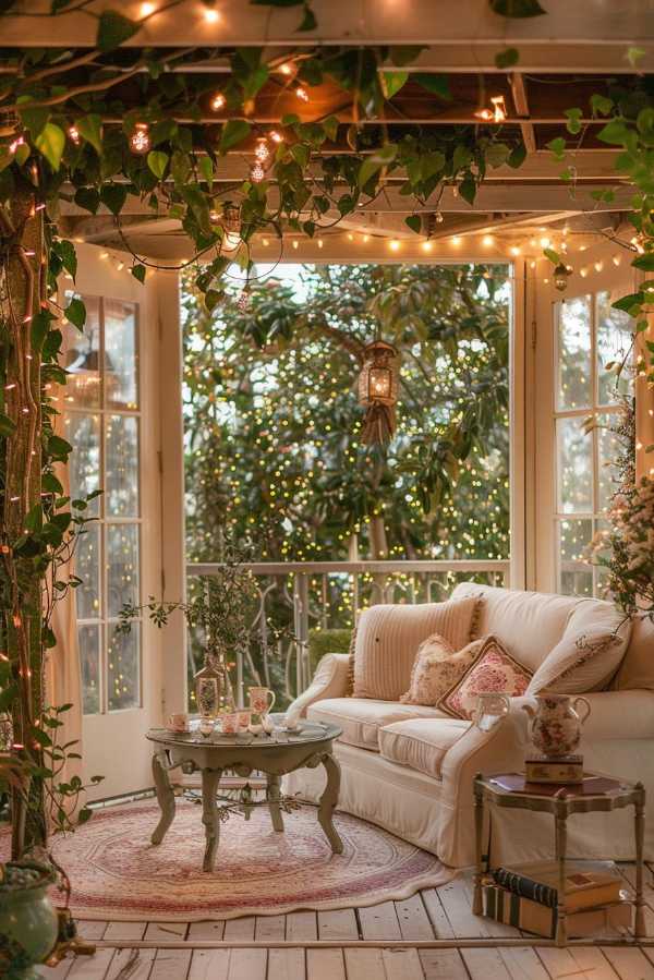 A cozy room with a white sofa, a small table, cord lighting and a plenty of green. French doors open for a garden, books, tea set and decorative pillows are arranged in the room.