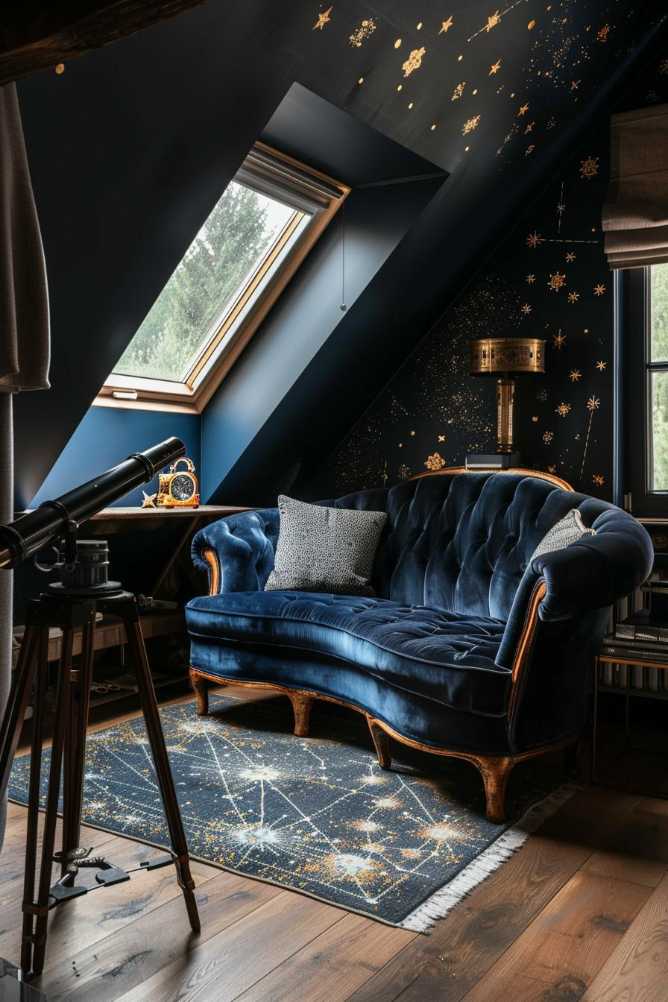 A cozy attic with a dark blue decor with a sky motif with a velvet sof, a telescope, a carpet with star patterns and an clock light.