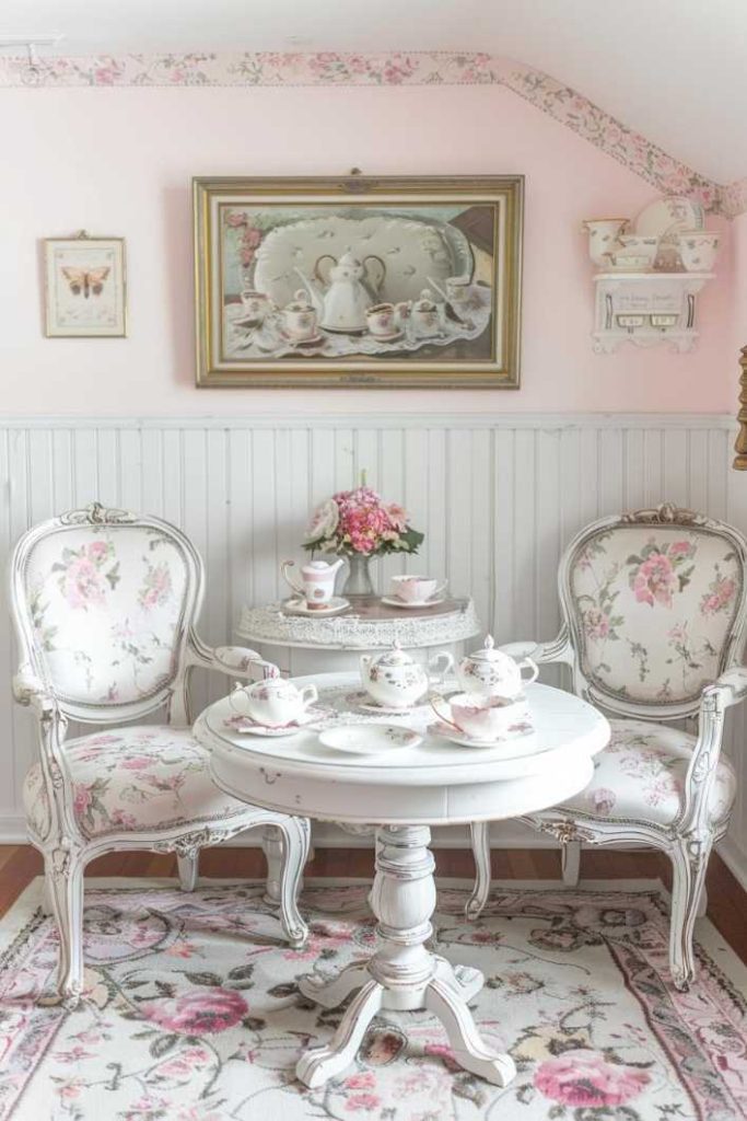 A vintage style with floral chairs, a round table with tea articles and flowers in a vase. The wall decoration includes a framed image of tea sets and flowers wallpaper cladding.