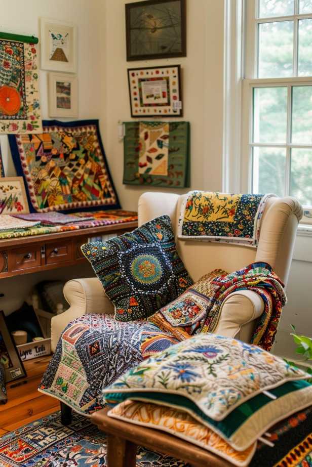 A cozy room with a padded armchair with different colorful quilts and pillows, surrounded by framed embroidery and textile art that hung on the walls and are exhibited on furniture.