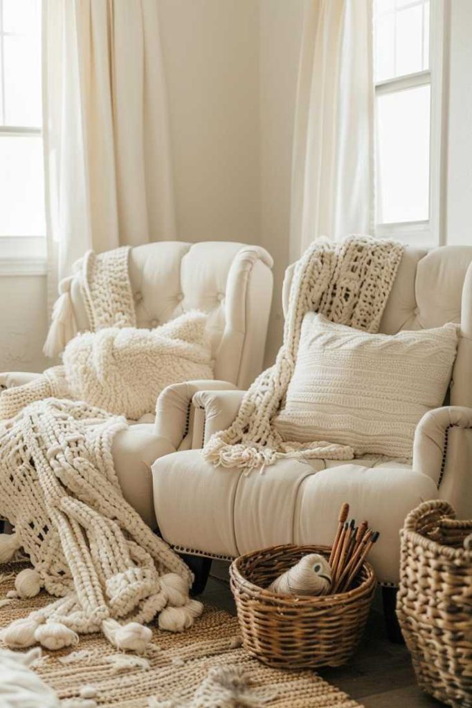 Two cozy cream with knitted litters and pillows, next to a basket with knitting stocks in a warmly lit room with white curtains.