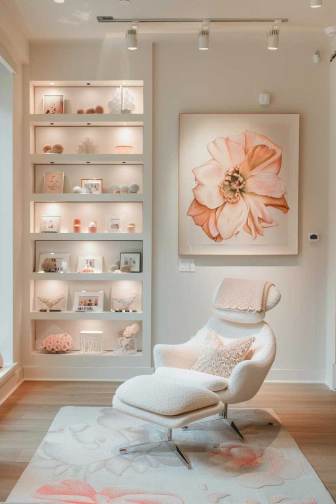 A cozy seating area with a white lounge chair and a footrest, a flower art on the wall and illuminated shelves with decorative objects.