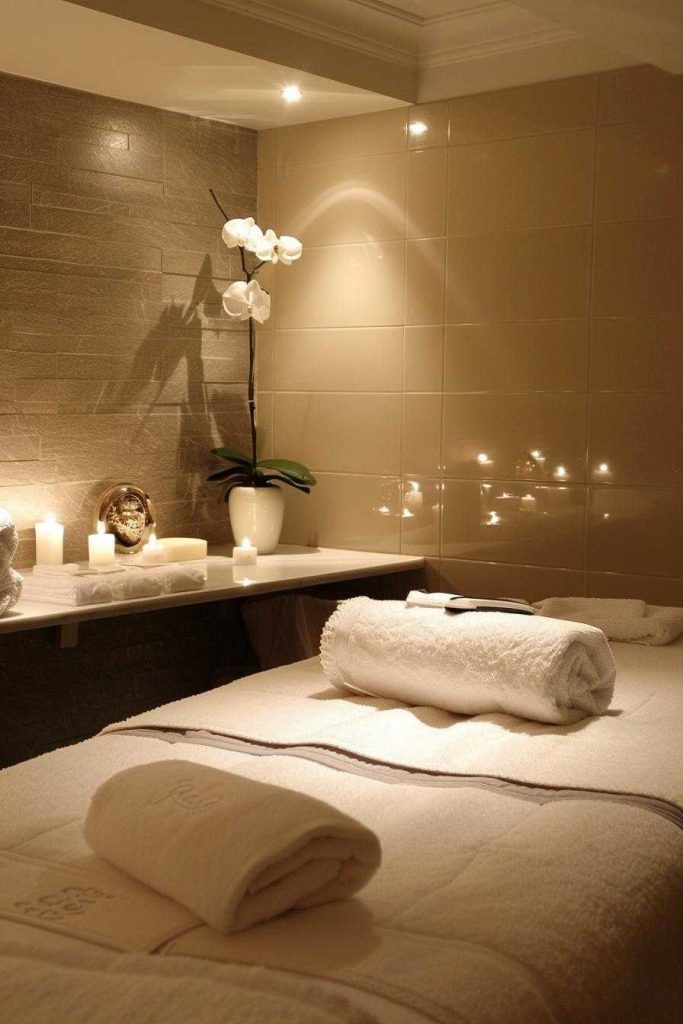 A quiet spa room with a massage, rolled white towels, illuminated candles and a white orchid on a small table against beige tiled walls.