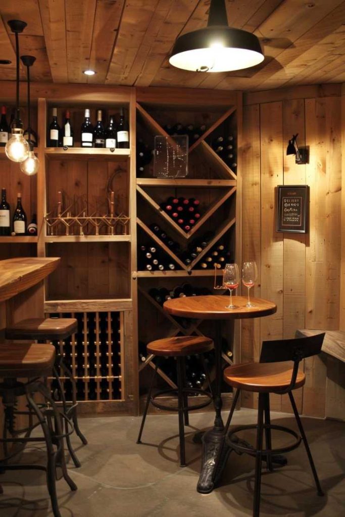 A cozy wine cellar with wooden shelves with wine bottles, a small round table with two wine glasses, bar stools and warm lighting.