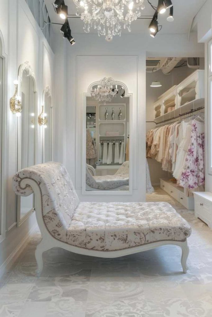 A luxurious changing room has a patterned chaise lounge, a large mirror, chandelier and organized open wardrobe with hanging clothing and shelves.