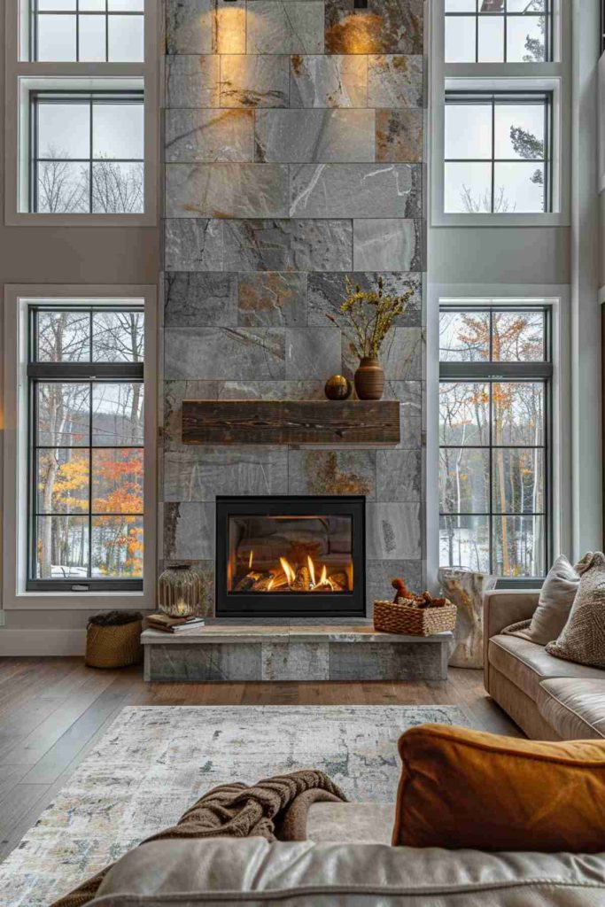 A cozy living room with a stone fireplace, surrounded by large windows. A sofa with pillow is on the right and a woven basket with firewood on the left. A carpet lies on the wooden floor.