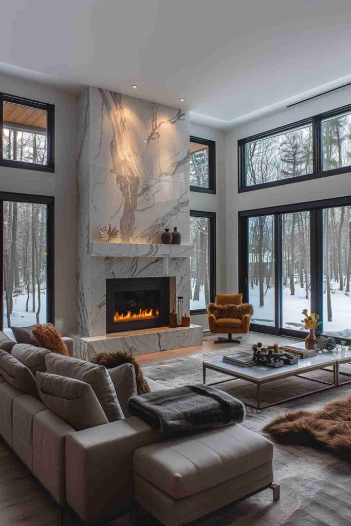 Modern living room with large windows that show a snow -covered forest. Has a marble fireplace, a beige average oven with fur throws, yellow armchairs and a glass couch table with decorative objects.