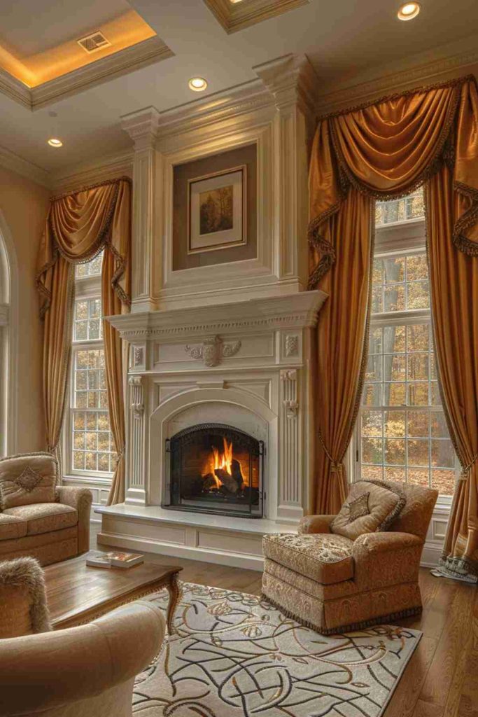 A living room with an illuminated fireplace, two armchairs, a wooden coffee table, decorative curtains and large windows.