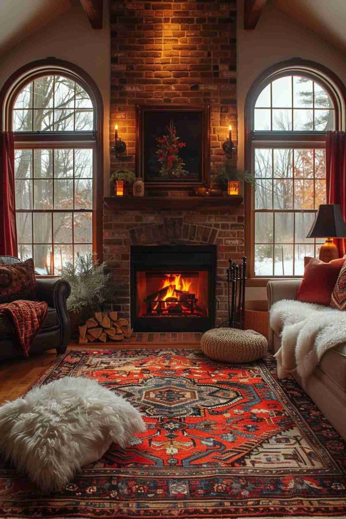 A cozy living room with illuminated fireplace, brick wall, curved windows, two sofas, a carpet with a red pattern and winter landscape outside.