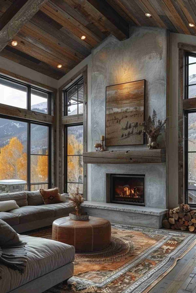 A cozy living room has a concrete fireplace with a painting at the top, a clippings, round leather optics and large windows that show autumn trees and mountains outside.