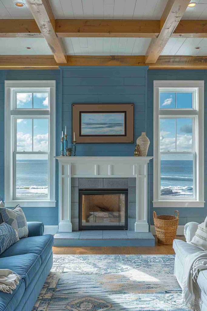 Living room with coastal motifs with blue walls, large windows with a view of the ocean, a <a href=