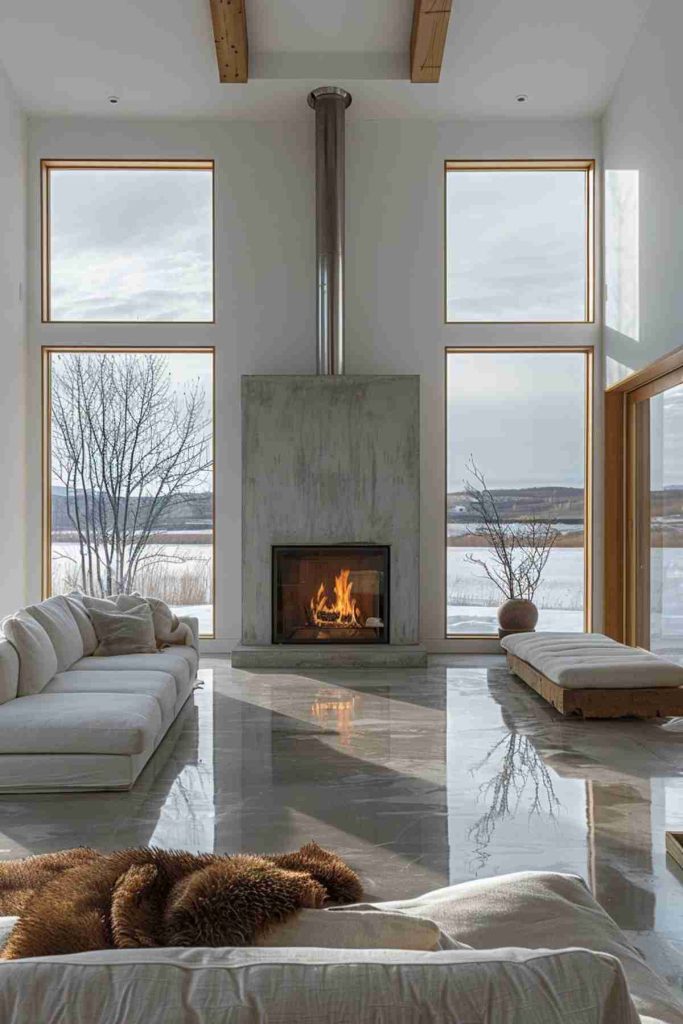 A modern living room with large windows, an illuminated fireplace, white sofas and wooden strokes. The floor is polished and reflects the interior and the snow -covered landscape on the outside.