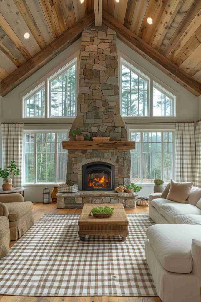 A cozy living room has a high vaulted ceiling, a large stone fireplace, checkered carpet, white sofas and large windows with a view of a forested area.