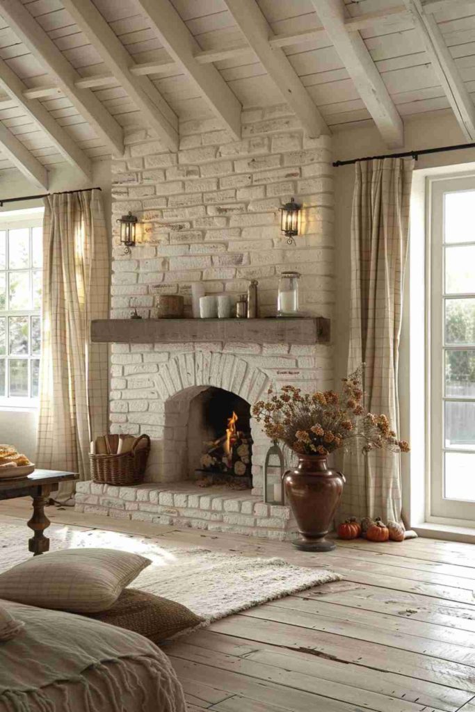 A cozy room with illuminated fireplace, white brick walls, a high vaulted ceiling, large windows with curtains, a wooden floor and various decorations, including a basket, flowers and a jug.