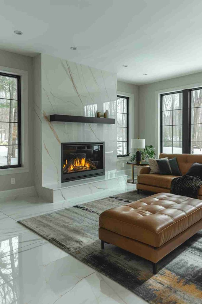 A modern living room with a marble fireplace, an illuminated fire, leather sofas, a patterned carpet, large windows and a look at snow -covered trees outside.