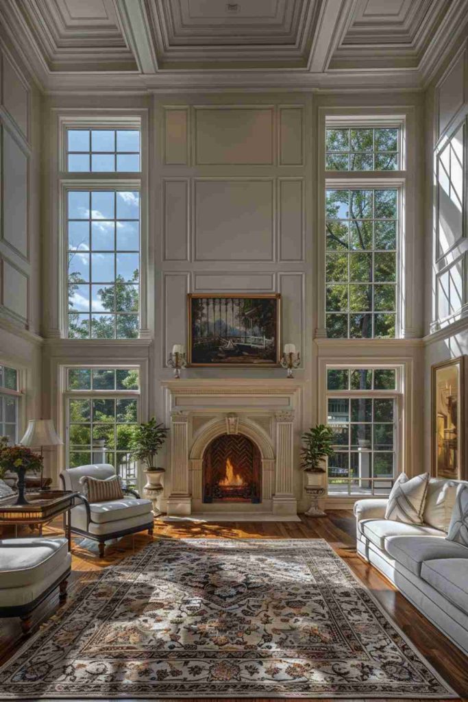 A spacious living room with high ceilings, large windows, fireplace, decorated carpet and elegant furniture. Sun light flows in streams, illuminates the room and marks the detailed decor.