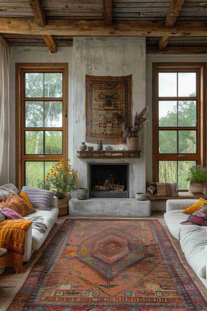 A cozy living room with a rustic decor with a wooden beam, a fireplace and large windows. The room is decorated with colorful carpets, pillows and pottery, creating a warm and inviting atmosphere.