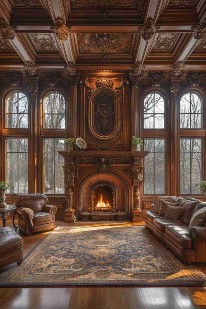 A spacious, artistically furnished living room with an illuminated fireplace, large arched windows, complicated woodwork and flooded leather furniture.