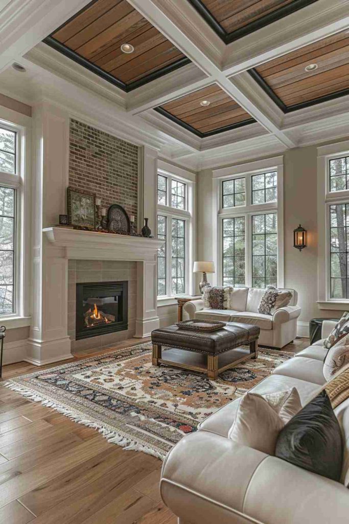 A cozy living room with a white cutting oven, a brick fireplace, a patterned carpet, large windows and a wooden cassade blanket.