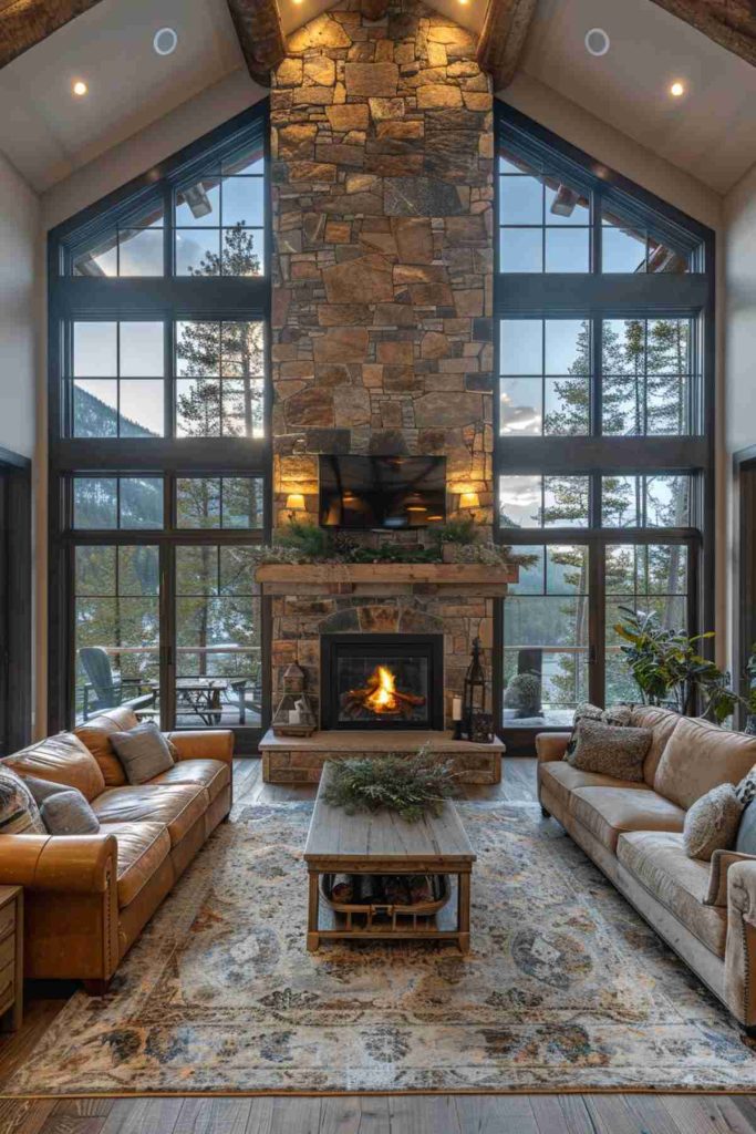 A cozy living room with a high stone fireplace, flanked by large windows and two brown leather sofas, centered around a wooden couch table decorated with green.