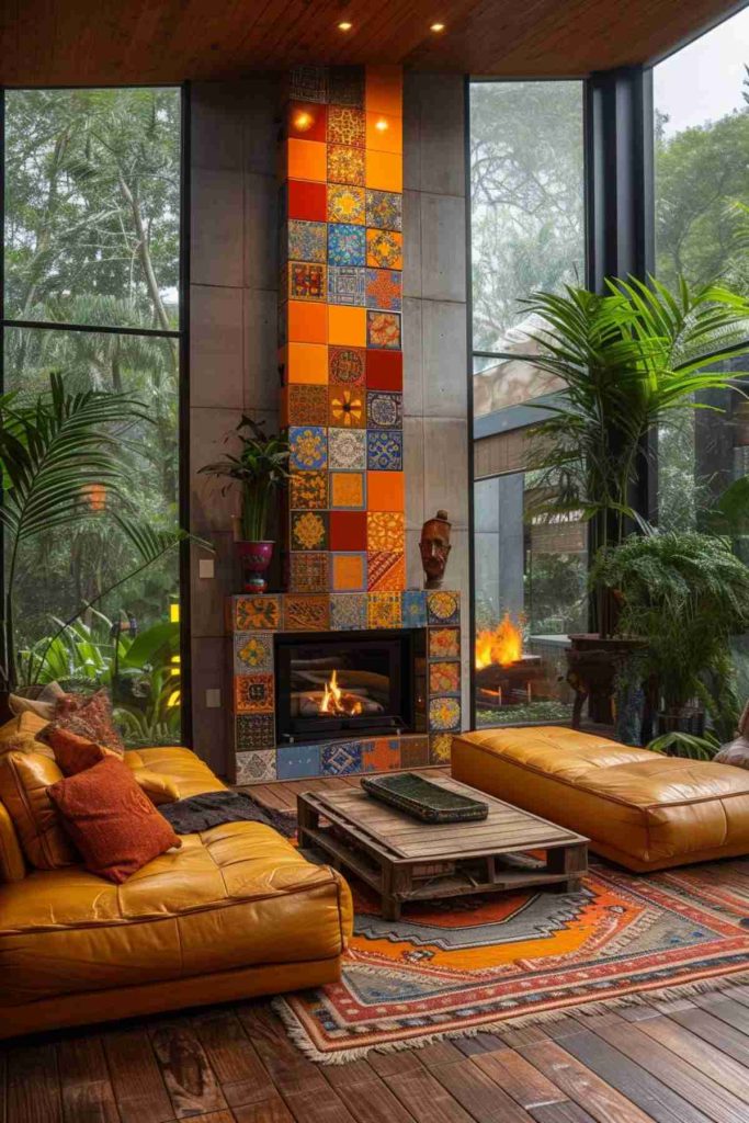 A cozy living room with large windows has a tiled fireplace, two yellow sofas, an orange and red patterned carpet, a wooden coffee table and several inner plants. Green outdoor is visible.