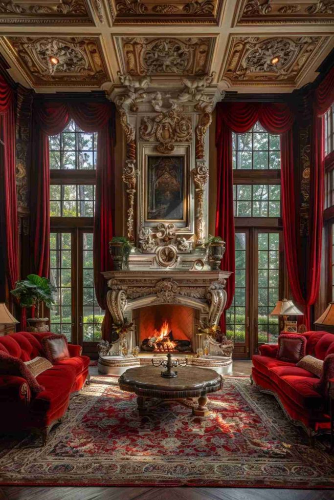 An opulent living room with a large fireplace, decorated decor, red velvet curtains, plush sofas, a round coffee table and large windows that enable natural light.