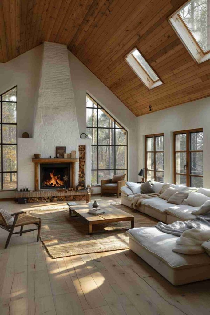 A cozy living room with a high, wood -owed ceiling, large windows, a fireplace with a stacked wood and a spacious clippings. Natural light flows through skylights.