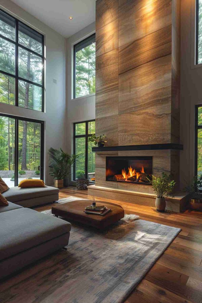 A modern living room with a large stone fireplace, floor -to -ceiling windows, a clippings, a wooden coffee table and green plants. Sunlight flows through the windows.