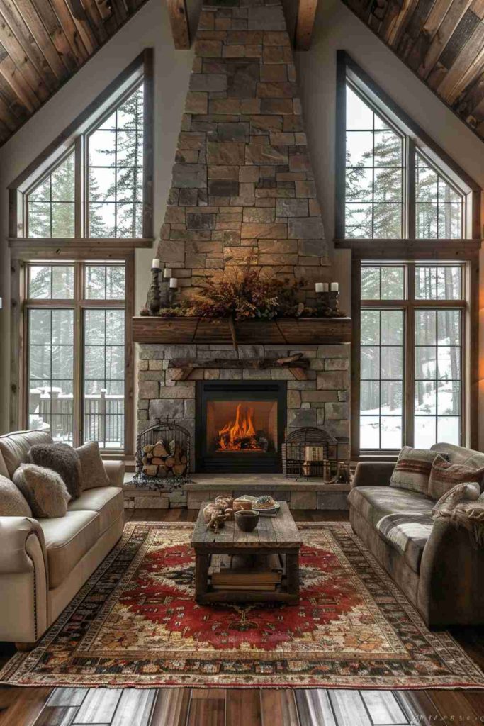 A cozy living room with a large stone fireplace, two sofas, a coffee table and a decorative carpet. The room has high windows with a view of a snow -covered outdoor area.