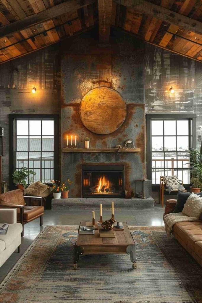 A cozy living room with a rustic decor has a large fireplace, surrounded by furniture, candles and potted plants. Exposed rays and large windows contribute to the warm, inviting atmosphere.