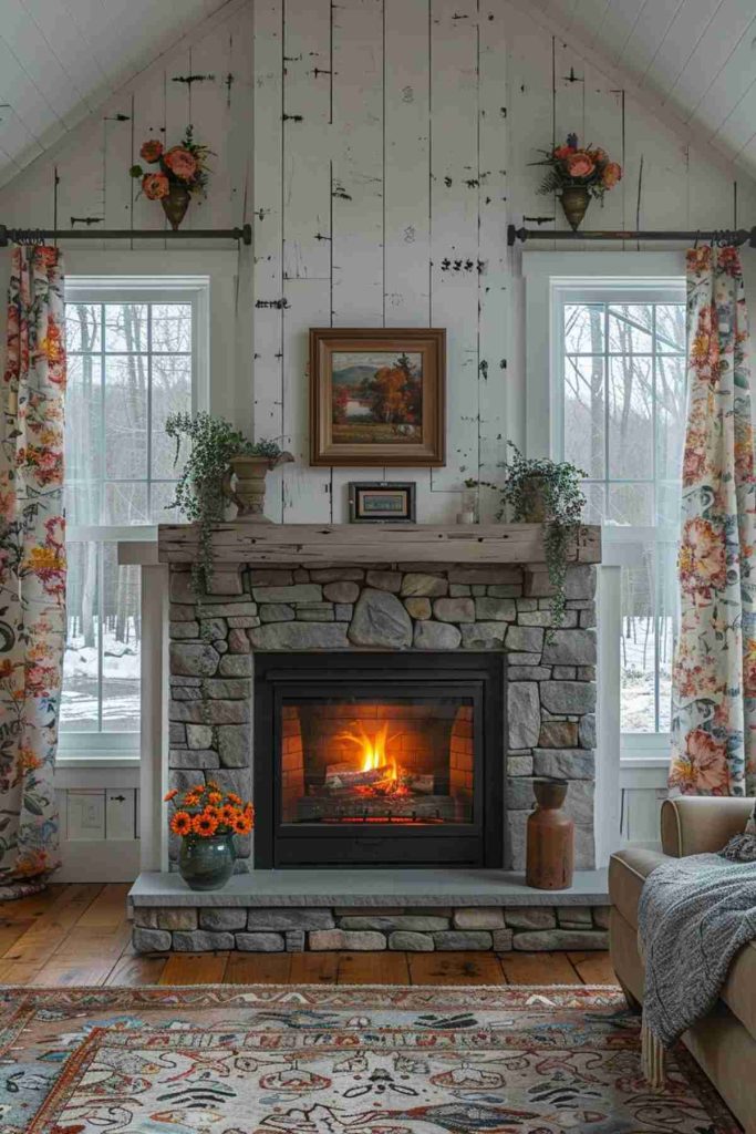 Cozy living room with a stone fireplace, flower curtains, wall mounted flower arrangements, a small painting and a flower vase on the fireplace. Snow landscape visible through the windows.