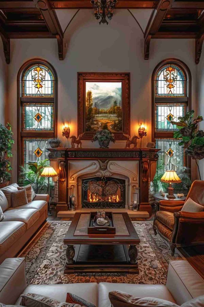 A luxurious living room has a large fireplace, decorated wooden furniture, colored glass windows and a framed landscape painting. Plush sofas surround a wooden coffee table on a patterned carpet.