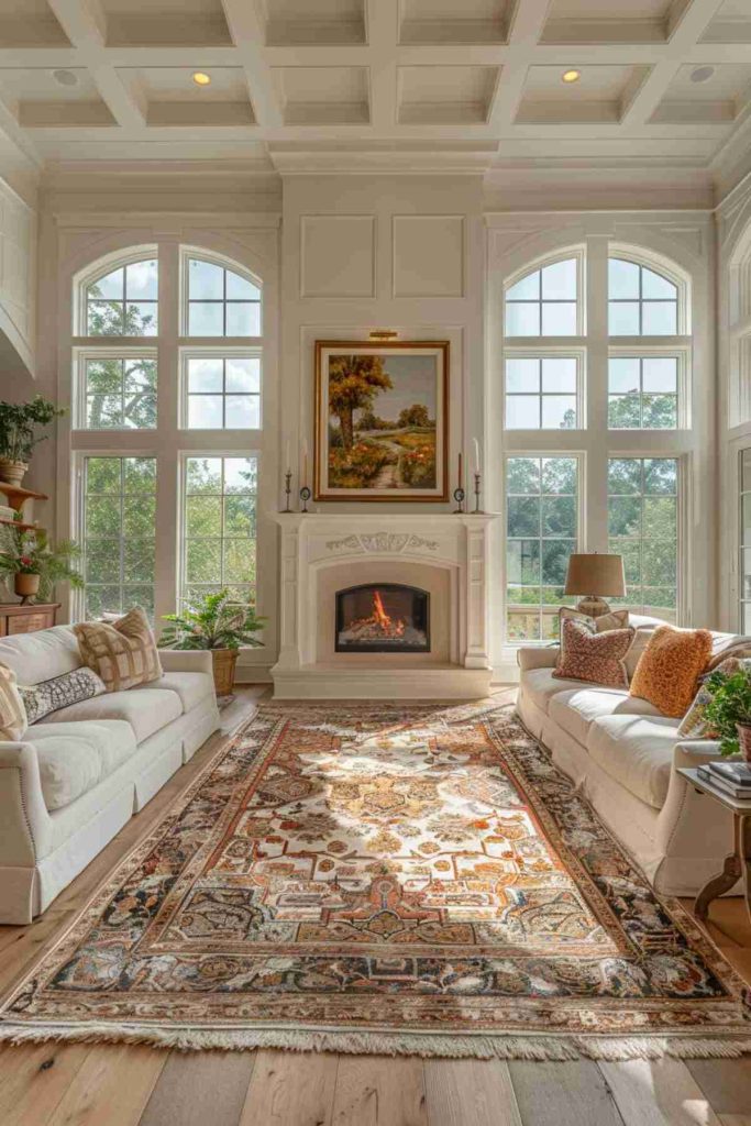 Elegant living room with two cream -colored sofas, a patterned carpet, a fireplace with a framed painting and large arched windows that offer a view of green outside.