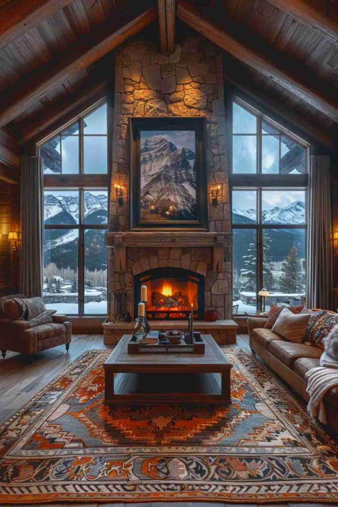 A cozy interior for the mountain lodge with a stone fireplace, large windows with a picturesque view of the mountain and comfortable seating around a patterned carpet.