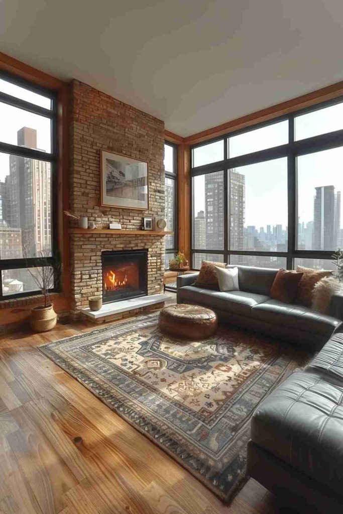 Light living room with large windows with a view of a cityscape with a brick fireplace, a leather sector sofa, a patterned carpet and a leather floors on wooden floors.