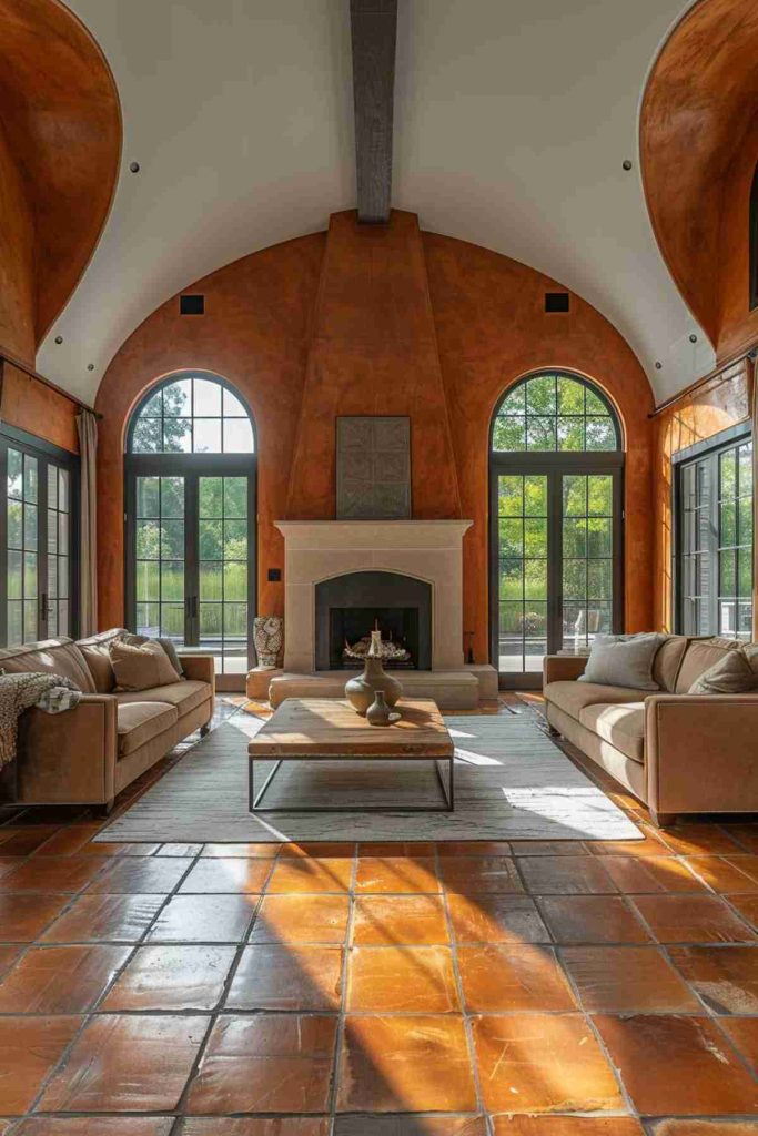 A spacious living room with arched ceilings, terracotta tiles, large windows, two beige sofas, a central wooden coffee table and a fireplace.