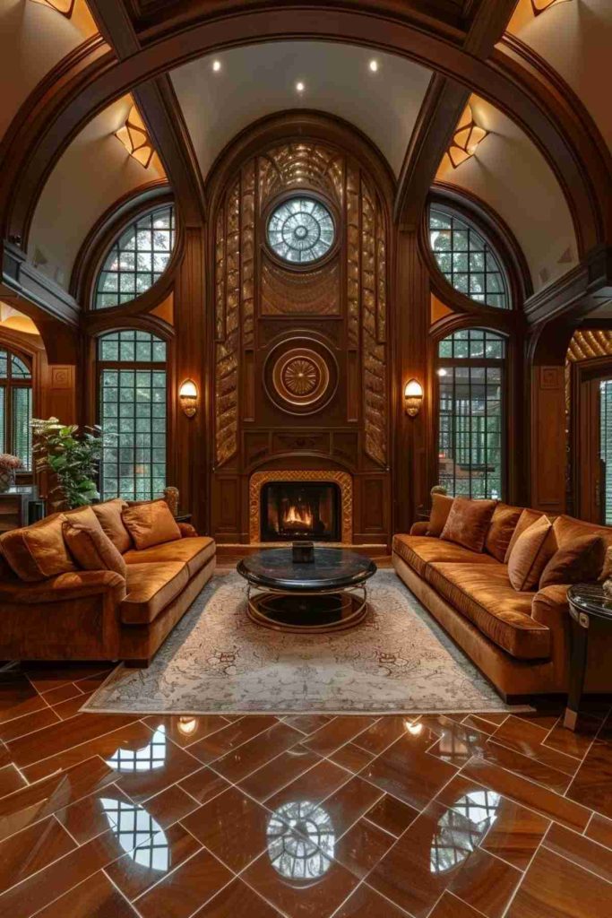 Luxurious living room with high -arched wooden ceilings, large windows, a central fireplace, two orange sofas, a round black coffee table and reflective patterned flooring.