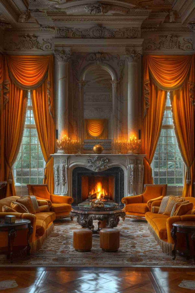 Zulderer room with a high ceiling with an illuminated fireplace, large windows in orange curtains, vintage furniture and complicated architectural details. Two sofas, two armchairs and a central table are arranged symmetrically.