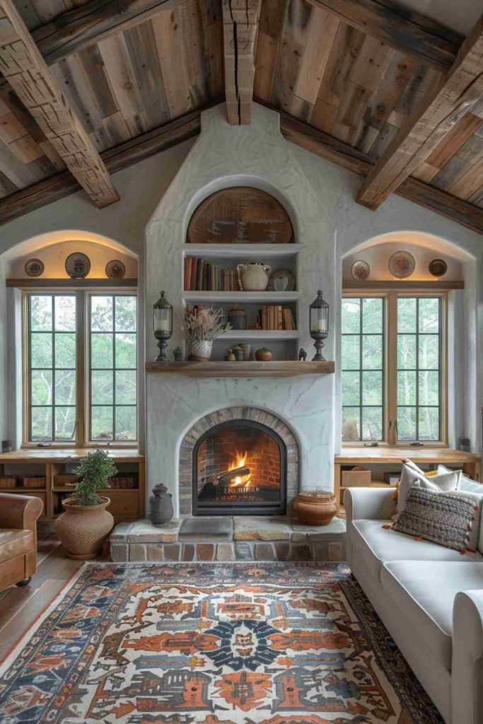 A cozy living room has an illuminated fireplace in the middle, surrounded by bookshelves and decor. The room has wooden beams on the ceiling, large windows and a patterned carpet on the floor.