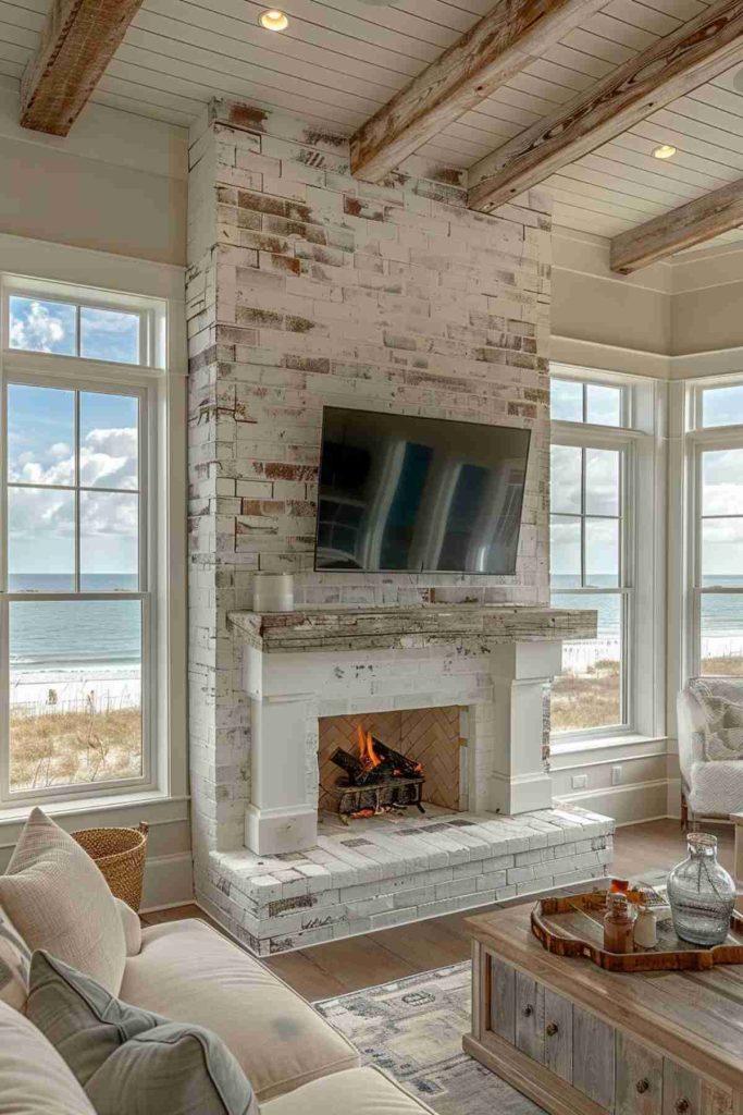 A cozy living room has a brick fireplace with a TV over it, in large windows that show a beach view and rustic wooden beams on the ceiling. A sofa and a tray with objects are in the foreground.