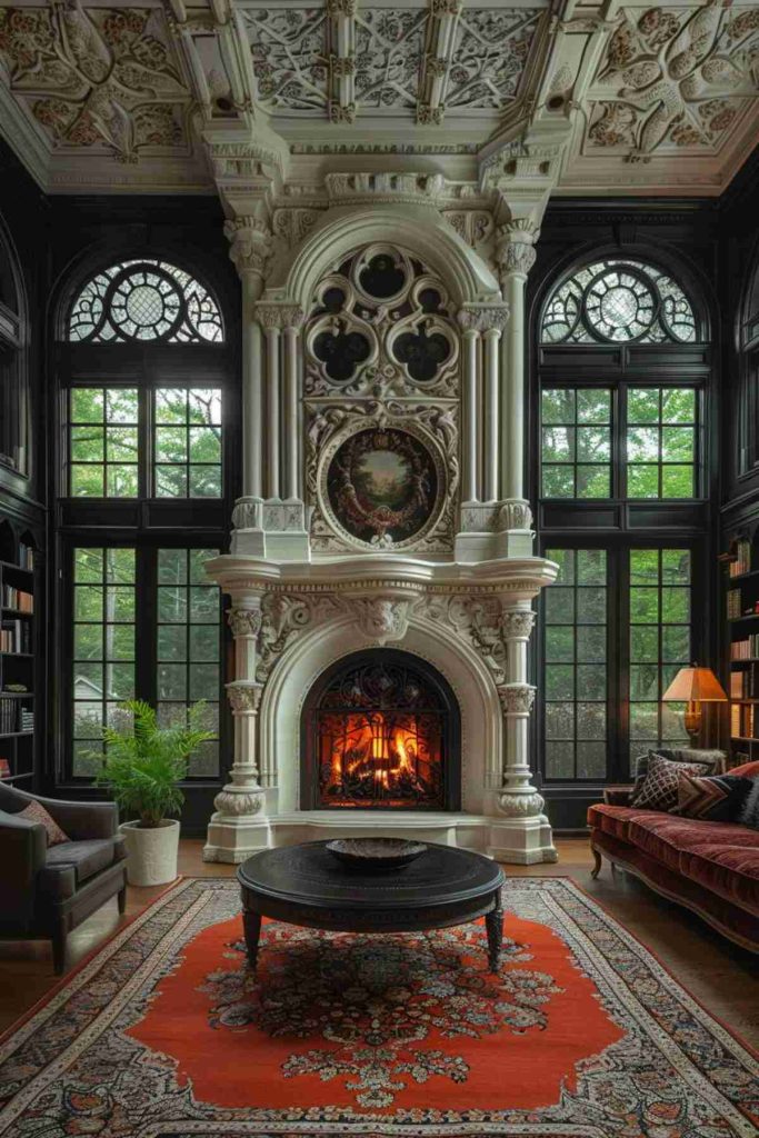 Decorated library with high ceilings, large fireplace in the Gothic style and arched windows. Room has bookshelves, dark wood paneling, red carpet, round coffee table and a sofa. Shining fireplace in the middle.